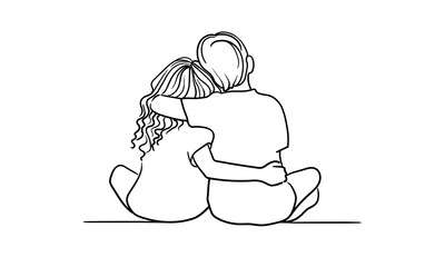 Brother hugs sister, continious line drawing. Summer holidays outline. Vector illustration