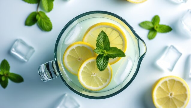 Glass jug of cold lemonade on white background with fresh slices and ice cubes