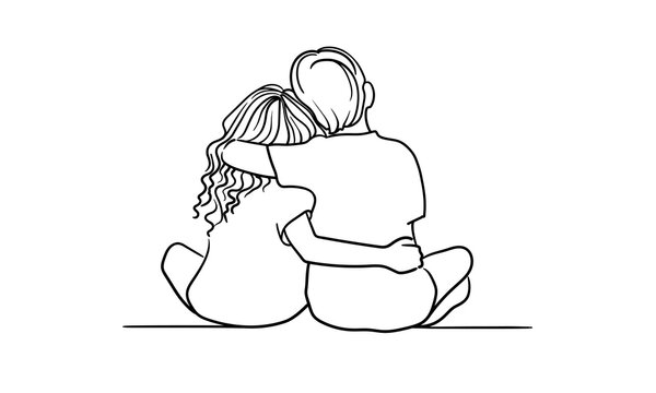 Brother hugs sister, continious line drawing. Summer holidays outline. Vector illustration