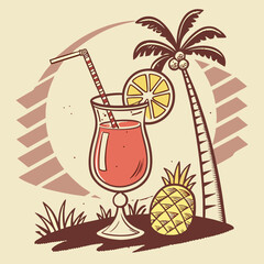 Vintage Style Tropical Paradise Illustration with Cocktail Pineapple and Palm Tree for Summer Vibes and Vacation Themes