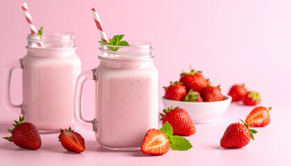 Strawberry smoothie or milkshake in glass mason jar on pink table. Delicious refreshing beverage.