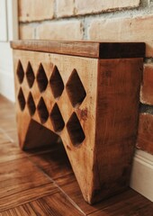 Rustic wooden wine rack against brick wall in cozy home setting