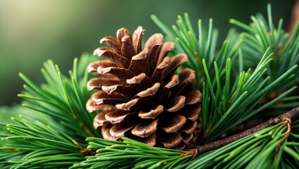 Fototapeta premium Beautiful Larch cones and branch with green background, ideal for closeup of opening bud of European Larch (Larix Decidua), female cone, European larch cones, forming larch cone, and related themes.