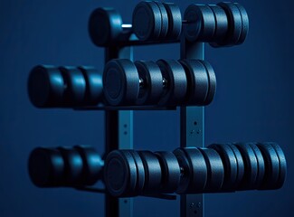 Organized dumbbells on a rack against a blue background.