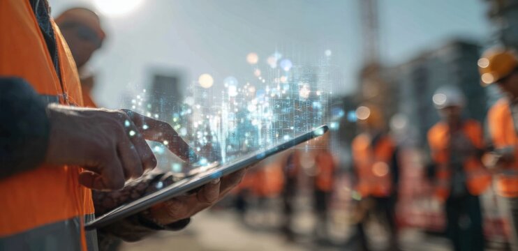 A construction worker uses a tablet with a superimposed digital grid Other workers are visible in the background