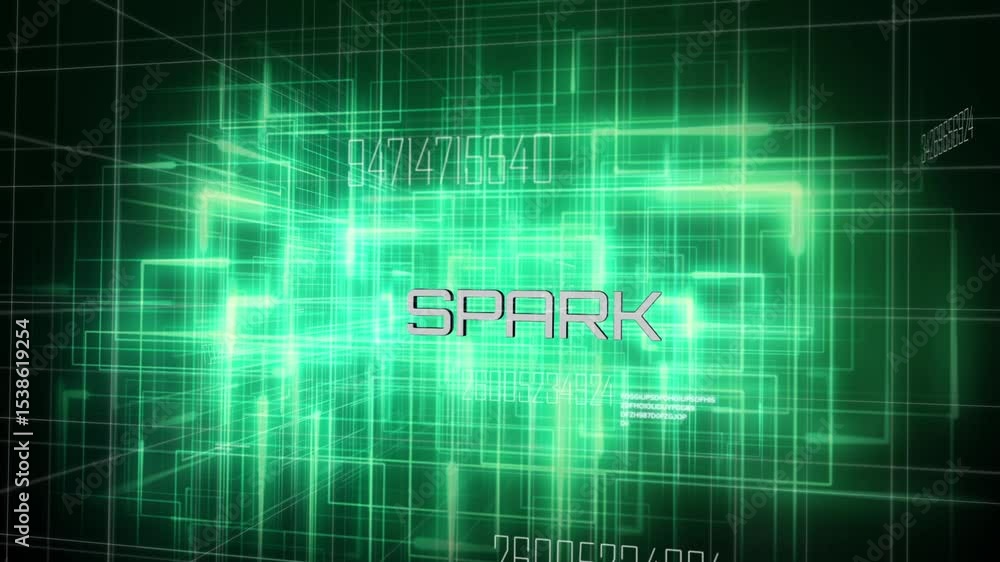 Poster starting neon-green grid emerging in digital matrix with central spark logo and code overlays