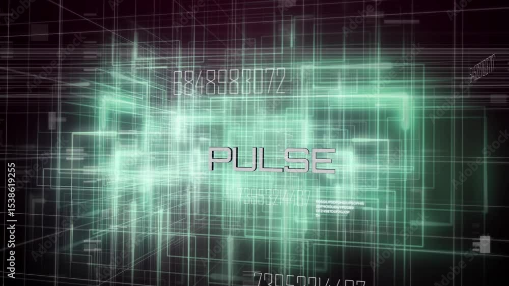 Aufkleber starting neon green wireframe grid forming in data space, revealing pulse logo with scrolling codes