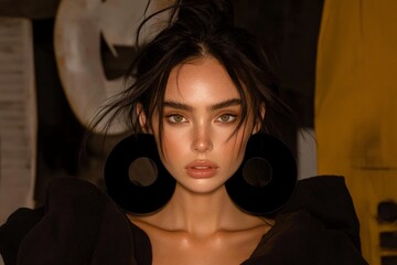 Young caucasian woman with bold earrings against artistic background