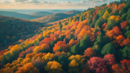 An aerial view of the slopes of the park, where autumn is starting to color the dense forest in shades of yellow, emphasizing the rich ecosystem and peaceful natural beauty