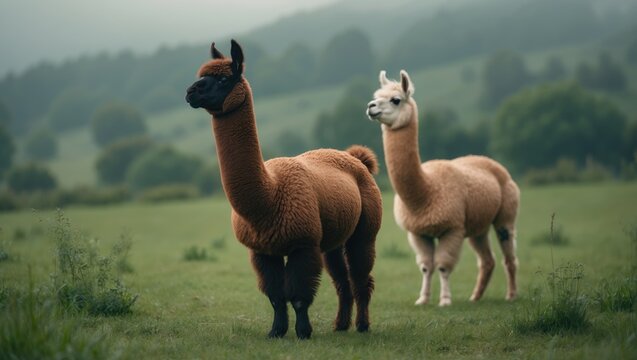 Two llamas graze peacefully in a lush green pasture beneath cloudy skies, embracing their natural environment.