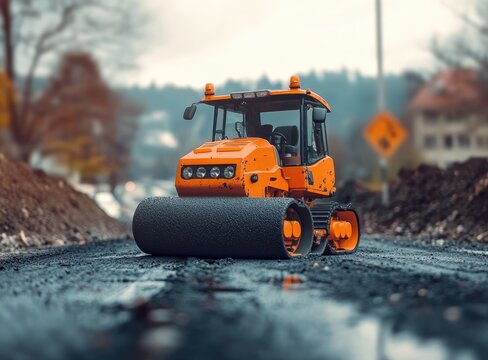 Orange compact roller compactor on a road construction site.