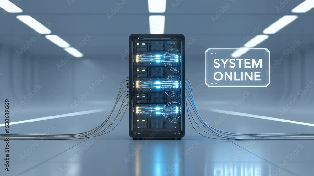 Poster system online: a sleek server rack glows with internal light, signifying a system successfully launc