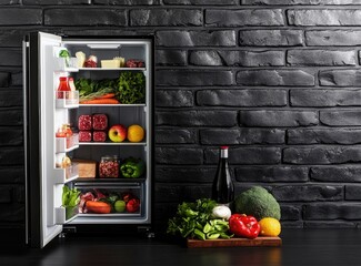 Open refrigerator stocked with fresh produce, meats, and dairy against a dark brick wall.
