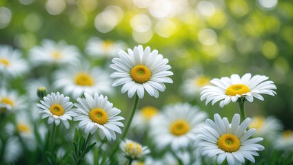 Close-up of vibrant white daisies with yellow centers in full bloom, against a blurred green background emphasizing nature, freshness, floral beauty, and botanical features