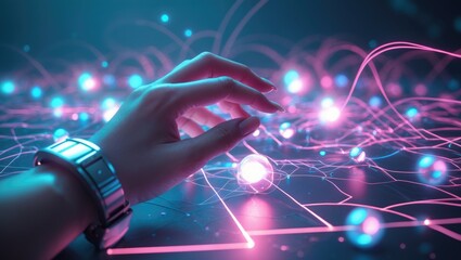 Digital technology, internet network connection concept. Finger touching on virtual screen with a futuristic technology background, data exchange, digital transformation.