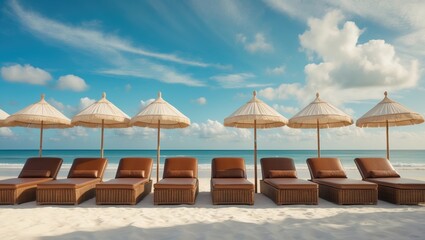 Empty beach loungers with brown woven wicker and brown leather cushions, paired with white parasols, positioned before a partly cloudy bright blue sky and the ocean.