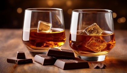 two glasses of bourbon or scotch or brandy and pieces of dark chocolate