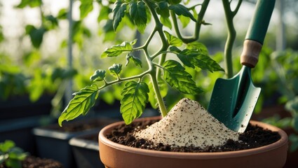 Granular fertilizer and garden tools placed on the ground prior to planting by the gardener. fertilization for tomatoes