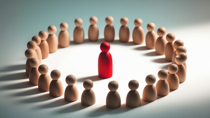 A group of people encircled the red man during an accusation of crime, embodying mob law and lynch court. The leader positioned at the center serves as an example for guiding. Angry crowd.