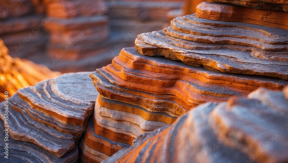 Poster close-up of layered rock formations displaying different textures and colors, such as shades of brow