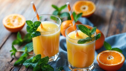 Juice glasses and orange fruits arranged on a wooden table.