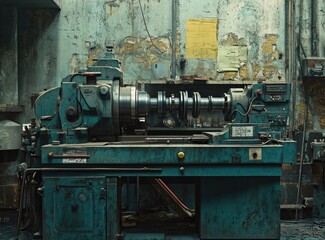 Old teal industrial crankshaft grinding machine in a grunge workshop.