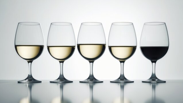 Glasses containing varying amounts of wine on a white background