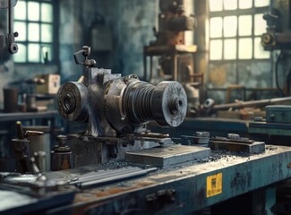 Old machinery in a dusty workshop with metal parts and tools on a workbench.