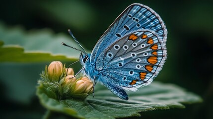 Obraz premium Close-up of a beautiful blue butterfly resting on a cluster of tiny yellow flowers