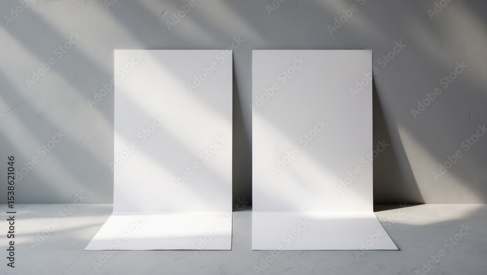 Poster mockups of two empty white rectangle posters in portrait and landscape formats with soft shadows on 