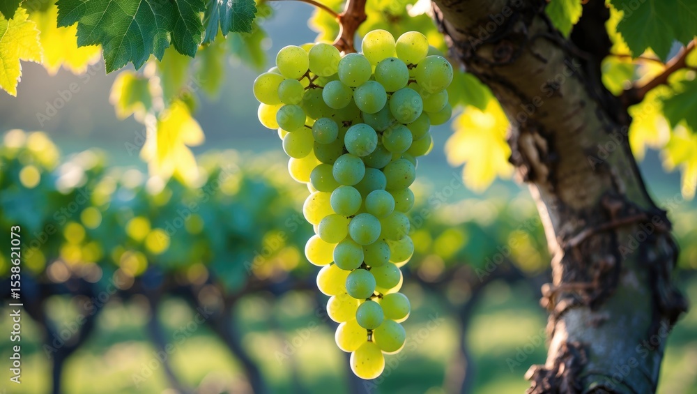 Poster close-up of grapes hanging from a branch, showcasing a tree with cultivated grapes; green grape bunc