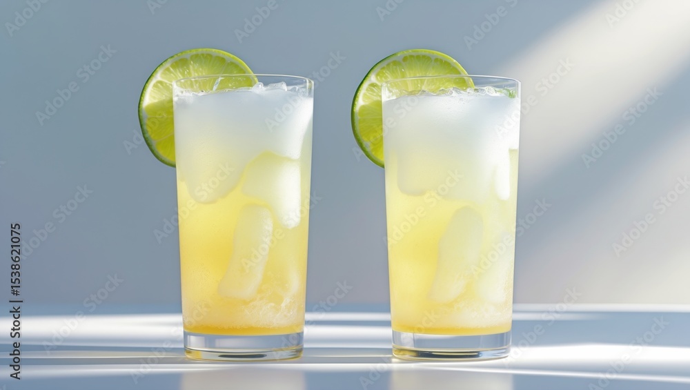 Poster glasses of refreshing ginger ale with ice cubes and lime slices individually displayed on a white ba