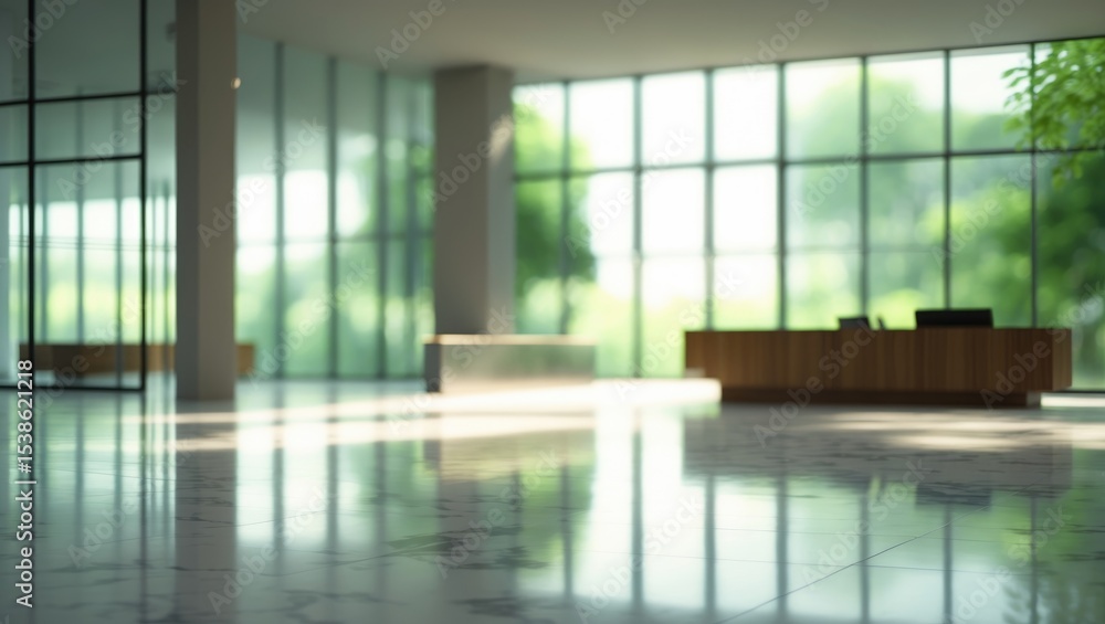 Poster blurred background of an elegantly designed lobby with large windows that illuminate the area with n