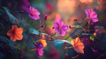 Vibrant flowers in soft focus, showcasing a variety of pinks and oranges, bathed in warm sunlight