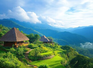 Mountaintop bungalows nestled amidst lush green terraces and misty peaks.