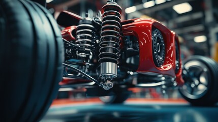 Fototapeta premium Close-up of a red race car chassis showcasing intricate suspension and wheel design