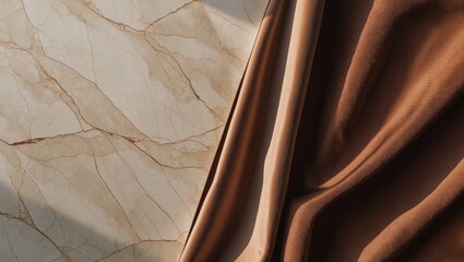 Luxury marble and brown paper color background with tropical palm shadow. Natural material featuring exotic plant shade branding layout. Minimal flat lay product podium with leaf silhouette overlay.