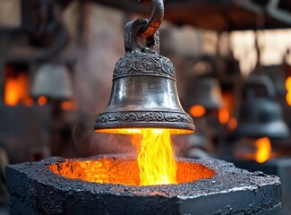 Molten metal pours into a newly cast bell during manufacturing.