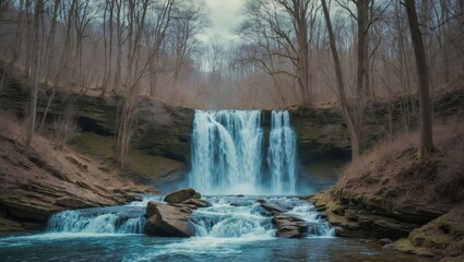 A stunning waterfall cascades over rocky inclines, bordered by towering trees within a peaceful forest. The soft sound of water resonates in the fresh air, representing nature's tranquil beauty.