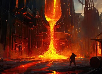 Molten metal pours from a giant vessel in a dark, industrial setting; a lone figure observes.