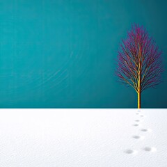 Single Tree in Snow on Teal Background
