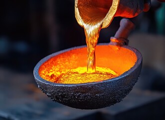 Molten metal pouring into a crucible.