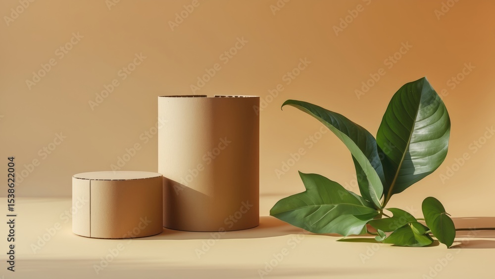 Poster empty platform for cosmetics bottle containers featuring centella asiatica ingredient. brown backgro
