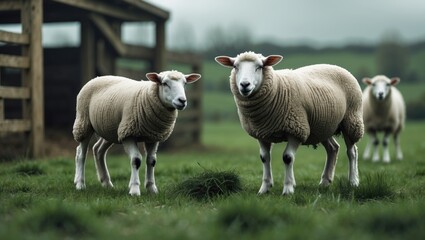 Fototapeta premium Farm animals: lambs grazing in a rural meadow during spring season