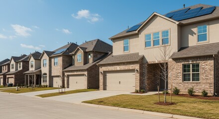 Quiet residential street in neighborhood row of newly developed luxury new development of expensive two-story solar roof panel homes
