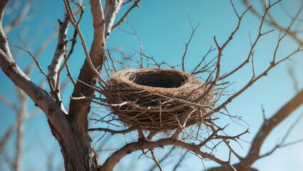 A detailed view of a bird's nest nestled among the intertwined branches of a tree, showcasing the intricate details of twigs and natural fibers utilized in its construction.