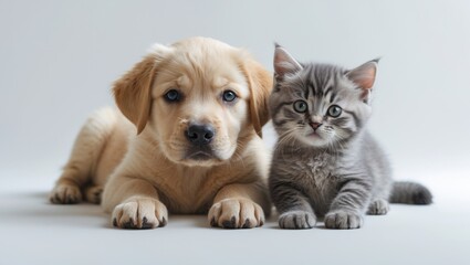 Golden retriever puppy and kitten lying together. Isolated on a white background.