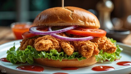 Bake and shark is a Trinidad and Tobago delicacy offered with a diverse selection of fresh fruits and vegetables. Current photo showing bake and shark topped with extra shado beni sauce.