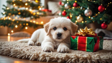 Funny portrait of cute puppy dog with gift box and defocused garland lights lying down near tree at home indoors preparing for holiday happy concept