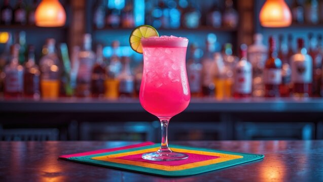 Discover the ideal cosmopolitan cocktail enjoyed at a trendy bar counter. Bright and welcoming, this traditional beverage combines vodka, triple sec, cranberry juice, and lime.